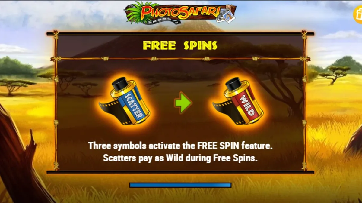 Interface do jogo de slot Photo Safari com animais da savana