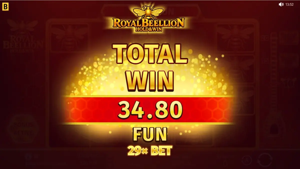 Captura de tela do jogo Royal Beellion Hold & Win da BGaming, mostrando os símbolos de abelhas douradas, frutas clássicas e o fundo de favo de mel.