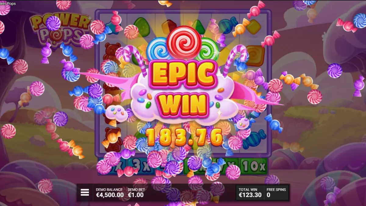Interface colorida e vibrante do slot Power Pops com símbolos de doces