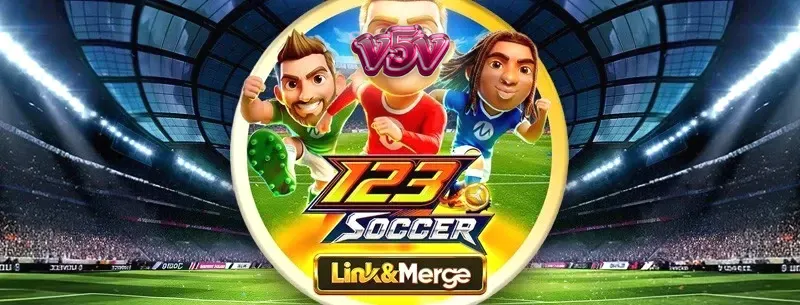 Interface do jogo 123 Soccer Link&Merge com elementos de futebol e moedas douradas